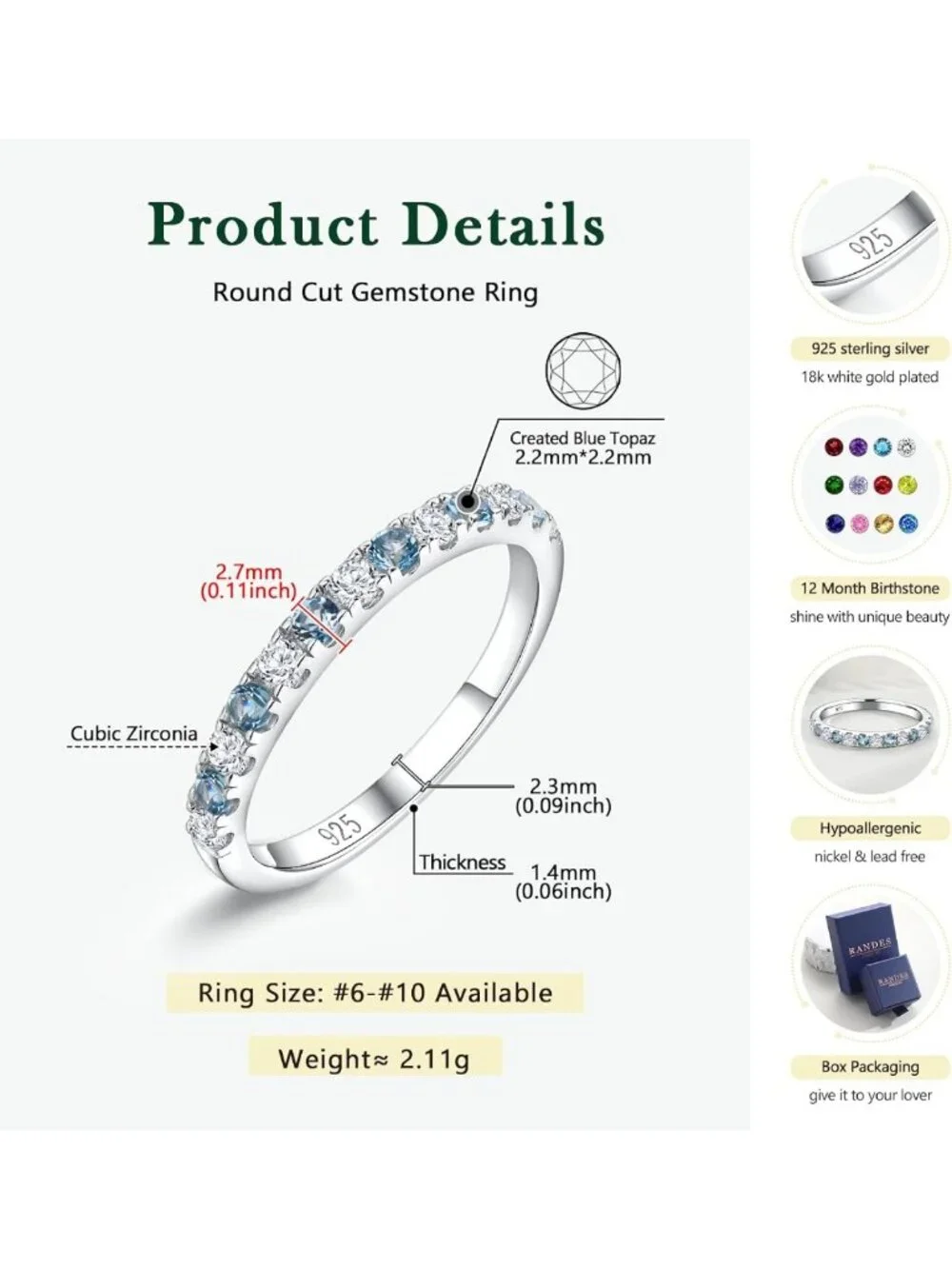 Stackable Birthstone Eternity Band Ring - 925 Silver/Gold-Plated, Size 6-10